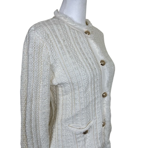 Tahari Button Up Fringe Cable Knit Cardigan Sweater Blazer Ivory Luxury Elegant - Picture 8 of 16